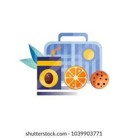 Lunch bag with cookie, juice and orange, healthy food for kids and students, children lunch time vector Illustration on a white background
