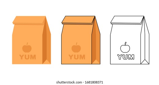 Lunch Bag Flat Vector Illustration. Set Of Three Illustrations In Different Styles.