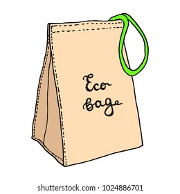 Lunch bag. Reusable textile eco lunch bag. Cotton food bag concept. Sketch drawing. Vector hand drawn illustration.