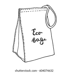 Lunch bag. Reusable textile eco lunch bag. Cotton food bag concept. Sketch drawing. Vector hand drawn illustration.