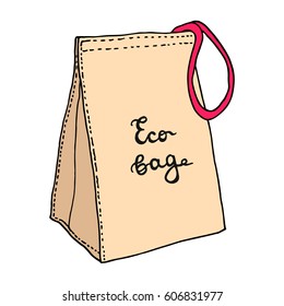 Lunch bag. Reusable textile or paper eco bag. Cotton food bag concept. Sketch drawing. Vector hand drawn illustration.