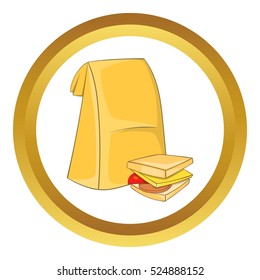 Lunch bag and sandwich vector icon in golden circle, cartoon style isolated on white background