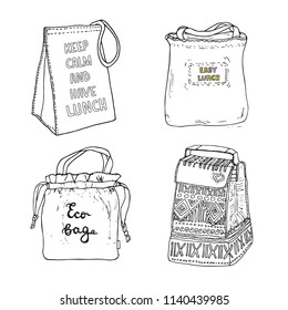 Lunch bags, lunch box collection. Eco bag, easy lunch, Keep calm and have lunch. Vector hand drawn sketch illustration