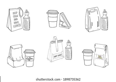 Lunch bags and drink set. Bottles, coffee cup, lunchbox, triangle sandwich box sketch illustration