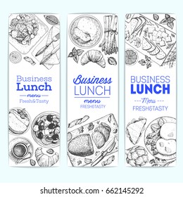 Lunch banner collection. Food menu design. Cafe menu. Vintage hand drawn sketch vector illustration.