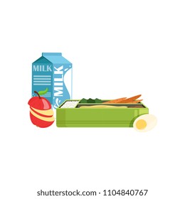Lunch box with apple, carrot, egg and milk, healthy food for kids and students vector Illustration on a white background