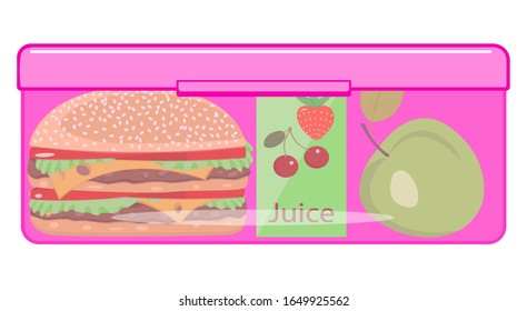 Lunch box with Apple, hamburger, juice. Vector isolated flat image on a white background. The concept of a school Breakfast.