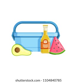 Lunch box with avocado, watermelon and bottle of juice, healthy food for kids and students vector Illustration on a white background