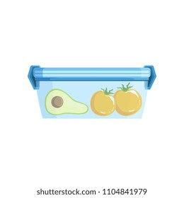 Lunch box with avocato and tomatoes, healthy food for kids and students vector Illustration on a white background