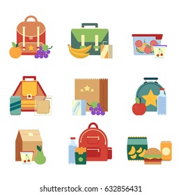 Lunch box and bag with healthy food for kids. Vector illustrations in flat style