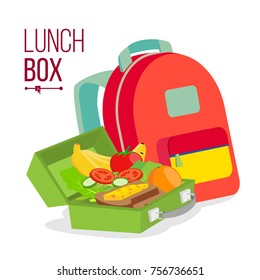 Lunch Box And Bag Vector. Healthy School Lunch Food For Kids, Student. Isolated Flat Cartoon Illustration
