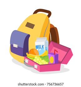 Lunch Box And Bag Vector. Schoolbag With Healthy Food For Kids. Isolated Flat Cartoon Illustration