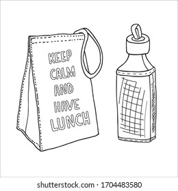 Lunch box and a bottle hand drawn sketch. Keep calm and have lunch vector illustration