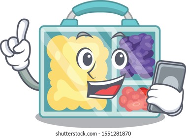 lunch box cartoon with the with holding phone character