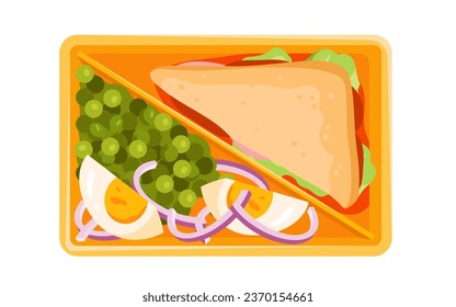 Caja de almuerzo con bocadillo club e ilustración vectorial de ensalada. Caricatura aislada dividida bandeja de la lonchera de plástico con aguafiestas triangulares para picnic o almuerzo en la escuela o trabajo, menú saludable casero