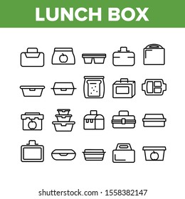 Lunch Box Collection Elements Icons Set Vector Thin Line. Plastic School Lunch Box And Container For Transportation Nutrition Concept Linear Pictograms. Monochrome Contour Illustrations