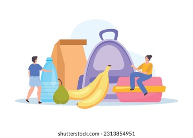 Lunch box composition of flat icons with backpack paper bag fruits water bottle and doodle people vector illustration