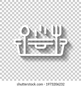 Lunch box, container for food, simple icon. White linear icon with editable stroke and shadow on transparent background