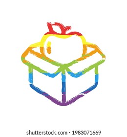 Lunch box, container for food, simple icon. Drawing sign with LGBT style, seven colors of rainbow (red, orange, yellow, green, blue, indigo, violet