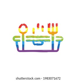 Lunch box, container for food, simple icon. Drawing sign with LGBT style, seven colors of rainbow (red, orange, yellow, green, blue, indigo, violet