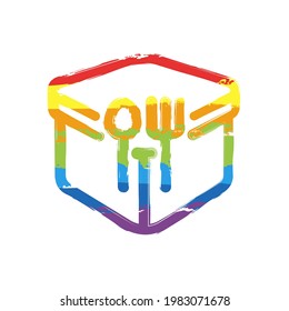 Lunch box, container for food, simple icon. Drawing sign with LGBT style, seven colors of rainbow (red, orange, yellow, green, blue, indigo, violet