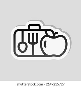 Lunch Box, Container For Food, Simple Icon. Linear Sticker, White Border And Simple Shadow On Gray Background