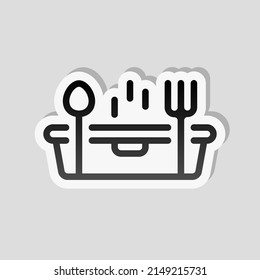 Lunch Box, Container For Food, Simple Icon. Linear Sticker, White Border And Simple Shadow On Gray Background