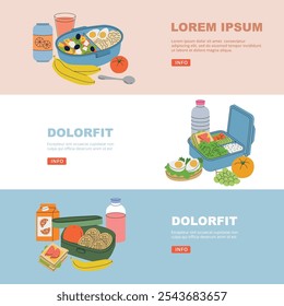 lunch box. containers with healthy food and different snack. vector horizontal background