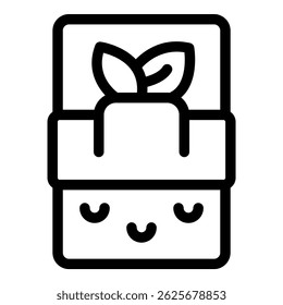 Lunch box with a cute smiling face and a plant growing from it representing healthy eating habits