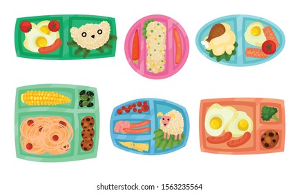 Lunch Box with Different Food Inside Vector Set