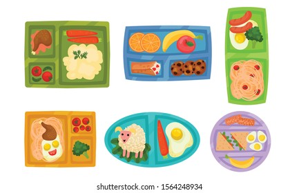 Lunch Box with Different Food Inside Vector Set