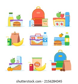 Lunch box different types of lunches. Vector school lunch box with healthy food, fruits or vegetables packed in a children s container in a bag. Set of packaged food illustrations isolated on white.