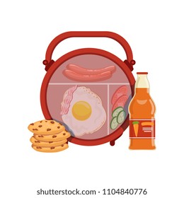 Lunch box with egg, sausage, vegetables, cookie and bottle of juice, healthy food for kids and students vector Illustration on a white background