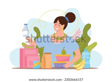 Lunch box flat composition with female character holding plastic food containers ripe fruits and beverage bottle vector illustration