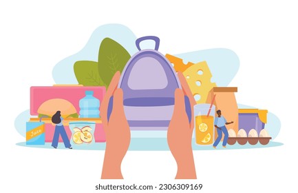Lunch box flat composition with human hands holding backpack with carton eggs pack and plastic container vector illustration