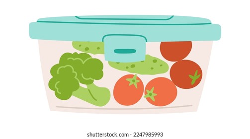 Lunch box flat icon Organic vegetables Broccoli, cucumber and tomato. Vector illustration