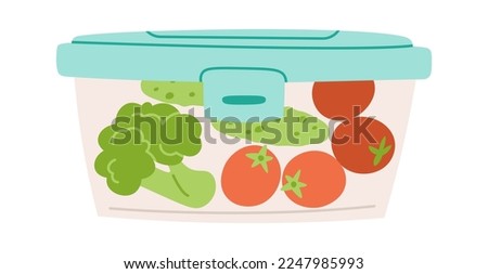Lunch box flat icon Organic vegetables Broccoli, cucumber and tomato. Vector illustration