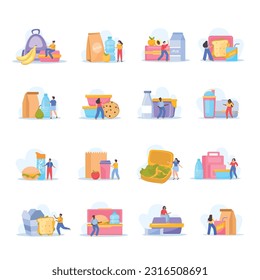 Lunch box flat icons set with isolated compositions of food containers packaging boxes and human characters vector illustration