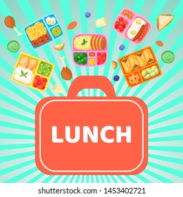 Lunch box with food banner vector illustration. Plastic containers with meal for school, work, university. Eggs with sausages, cherry tomatoes, cookies, boiled potato, noodles.