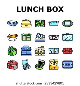 lunch box food school meal icons set vector. lunchbox healthy, snack sandwich, container fresh, apple fruit, plastic nutrition lunch box food school meal color line illustrations
