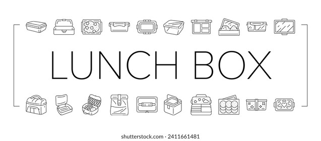 lunch box food school meal icons set vector. lunchbox healthy, snack sandwich, container fresh, apple fruit, plastic nutrition lunch box food school meal black line illustrations