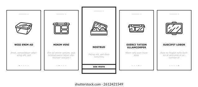 lunch box food school meal onboarding mobile vector. lunchbox healthy, snack sandwich, container fresh, apple fruit, plastic nutrition lunch box food school meal Illustrations