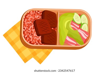 Lunch box with food vector illustration. Cartoon isolated divided plastic tray with healthy salad, meat pieces and garnish, folded checkered napkin and open container for homemade meal in lunchtime