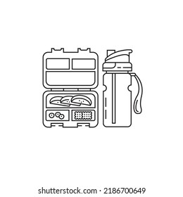 Lunch Box With Food And Water. Vector, Linear Icon. Back To School. Lunch, Snack.