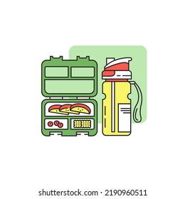 Caja de almuerzo con comida y agua. Vector, icono lineal, coloreado. De vuelta a la escuela. Almuerzo, bocadillo.