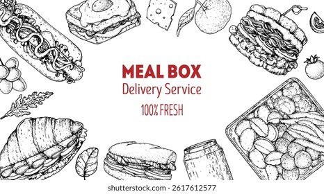 Lunch box frame. Hand drawn vector illustration. Meal box sketch. Top view. Menu design elements, packaging background template.