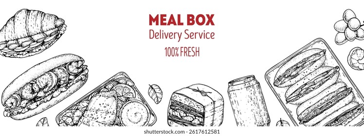 Lunch box frame. Hand drawn vector illustration. Meal box sketch. Top view. Menu design elements, packaging background template.