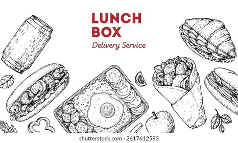 Marco de la lonchera. Ilustración vectorial dibujada a mano. Boceto de caja de comida. Vista superior. Elementos de diseño de menú, Plantilla de fondo de embalaje.
