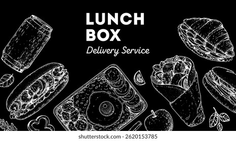 Lunch box frame. Hand drawn vector illustration. Meal box sketch. Top view. Menu design elements, packaging background template.