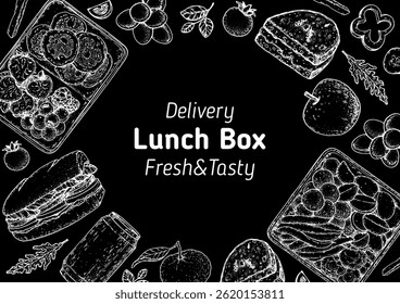 Lunch box frame. Hand drawn vector illustration. Meal box sketch. Top view. Menu design elements, packaging background template.